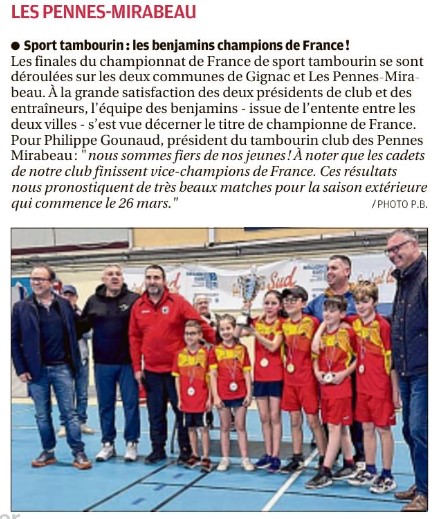 Retour dans la presse du titre de Champion de France en salle en benjamins